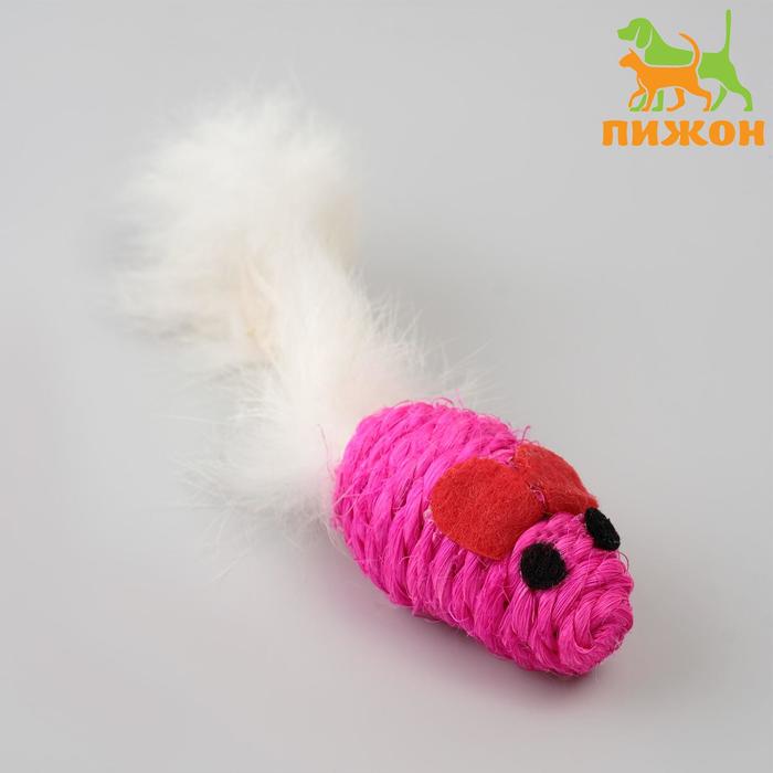 Игрушка для кошек "Мышь сизалевая малая" с меховым хвостом, 5,5 см, микс цветов - Фото 1