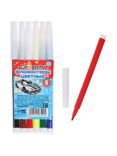 Фломастеры 6 цветов Calligrata «Машинка», невентилируемый колпачок