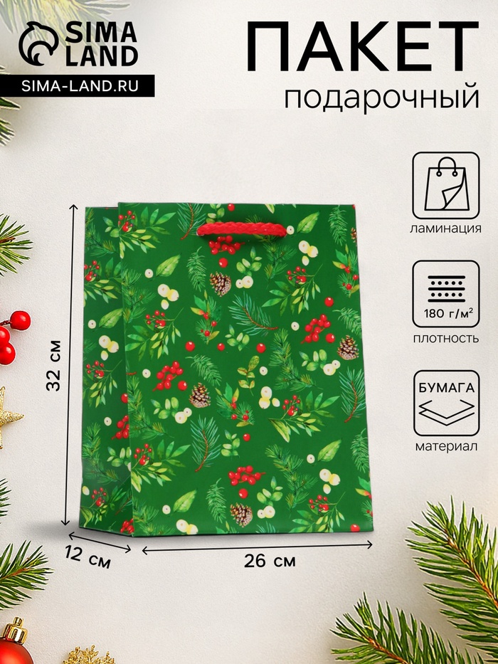 Пакет подарочный новогодний ламинированный «Веточки», 26×32×12 см - Фото 1