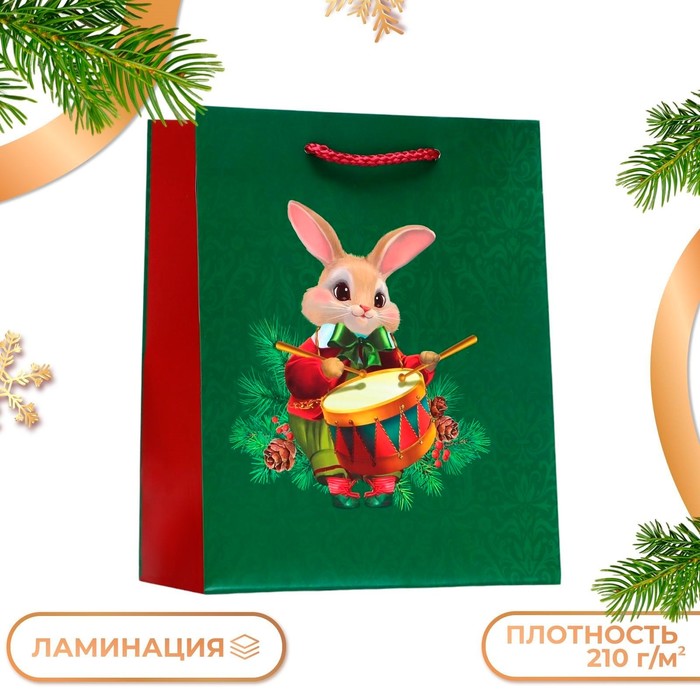 Пакет подарочный новогодний ламинированный "Заяц-барабанщик", 18×22.3×10 см - Фото 1
