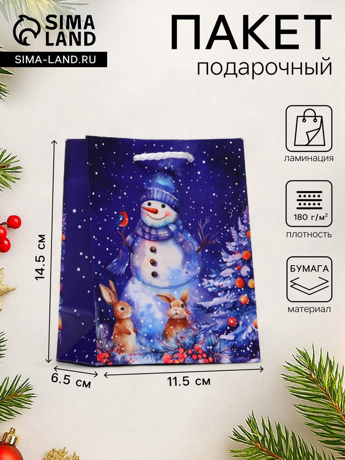 Пакет подарочный новогодний «Дивный снеговик», 11.5×14.5×6.5 см - Фото 1