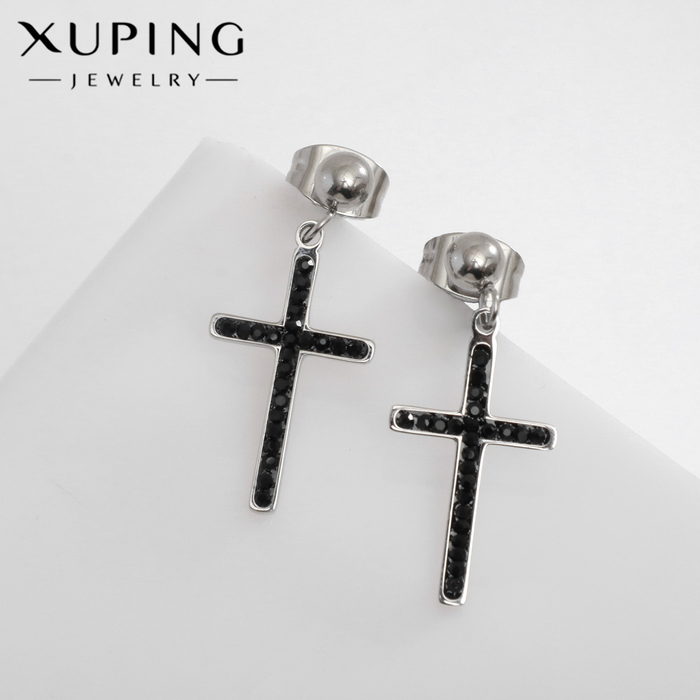 Серьги со стразами XUPING крест изящество, чёрные в серебре - Фото 1