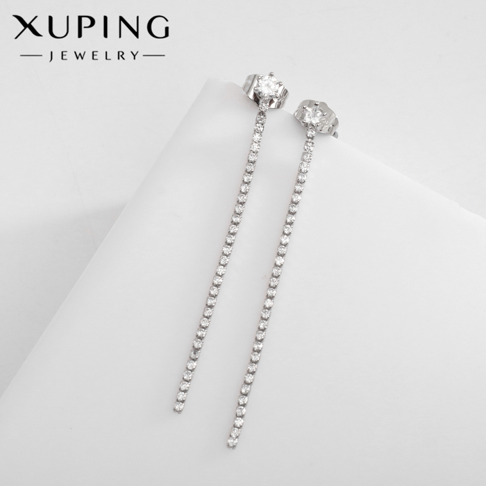 Серьги со стразами XUPING висячие, эскиз, белые в серебре - Фото 1