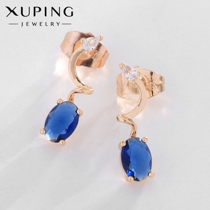 Серьги со стразами XUPING мироздание, овал, синие в розовом золоте - Фото 1