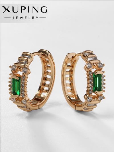 Серьги-кольца XUPING благородность, зелёные в розовом золоте, d=1.8 см