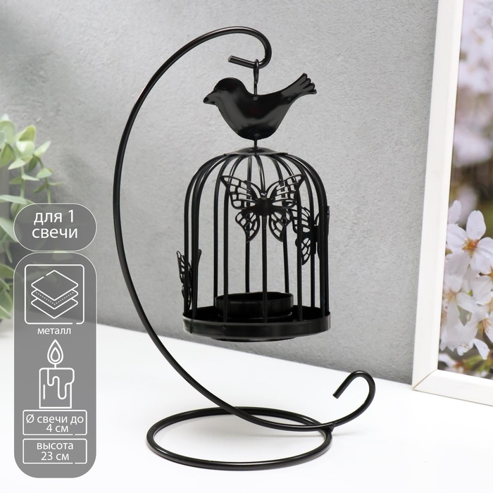 Металлический подсвечник-фонарь на 1 свечу «Клетка с птичкой», чёрный, 23×10×10 см - Фото 1