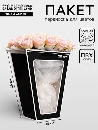 Пакет - переноска для цветов 18×14×35×28 см, чёрный с каймой