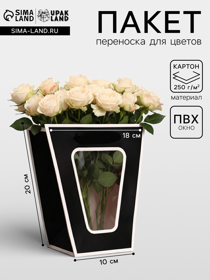 Пакет - переноска для цветов 10×10×20×18 см, чёрный с каймой - Фото 1