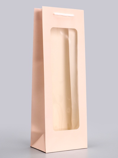 Пакет подарочный под бутылку с PVC окном 12.5×8.5×36 см, розовый