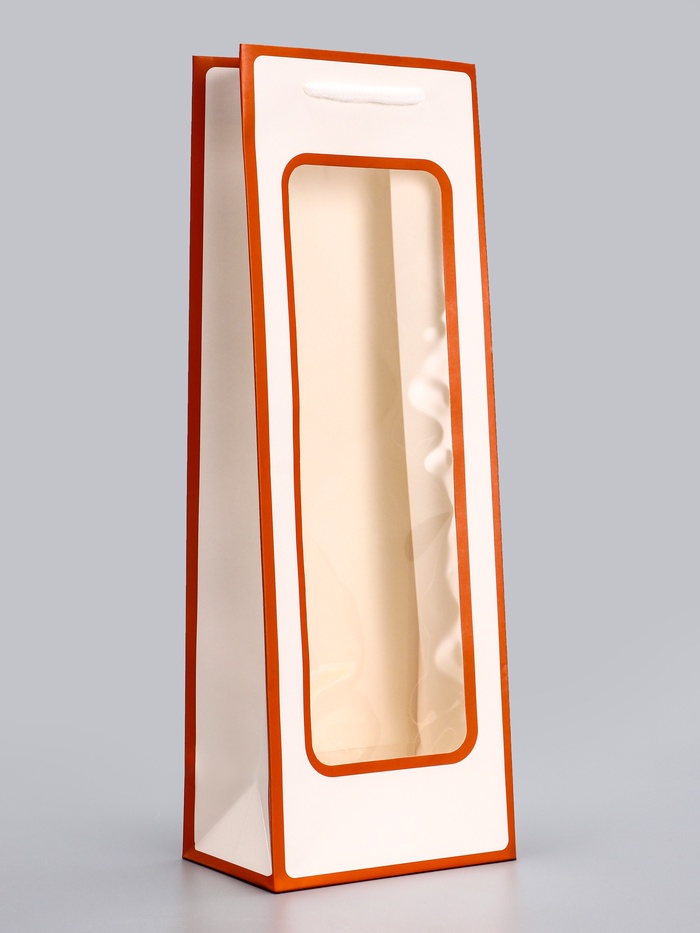 Пакет подарочный под бутылку с PVC окном, 12.5×8.5×36 см, белый с красной каймой - Фото 1
