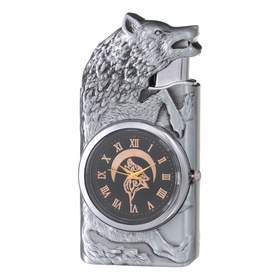 Зажигалка газовая, часы с подсветкой «Волк», металлическая, пьезо, регулировка пламени
