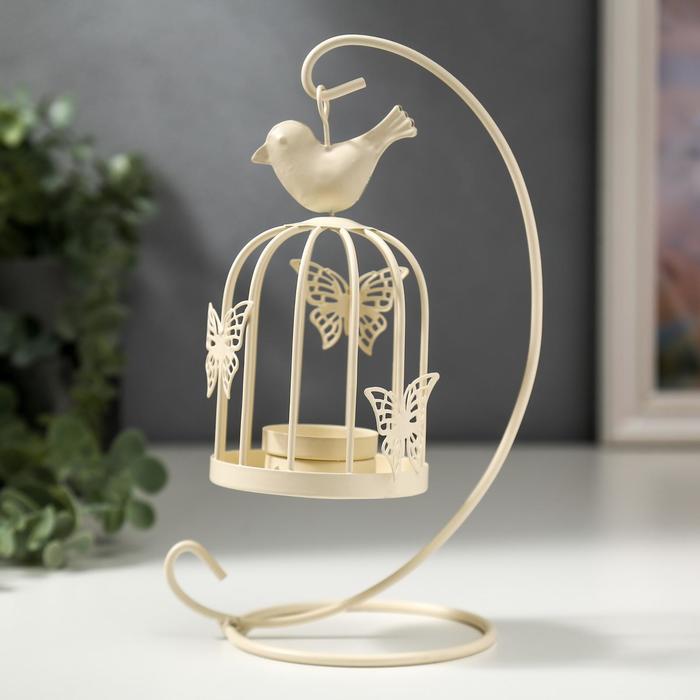 Металлический подсвечник-фонарь на 1 свечу «Клетка с птичкой», белая, 23×10×10 см - Фото 1