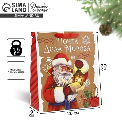 Пакет подарочный новогодний ламинированный «Почта Деда Мороза», M 26×30×9 см