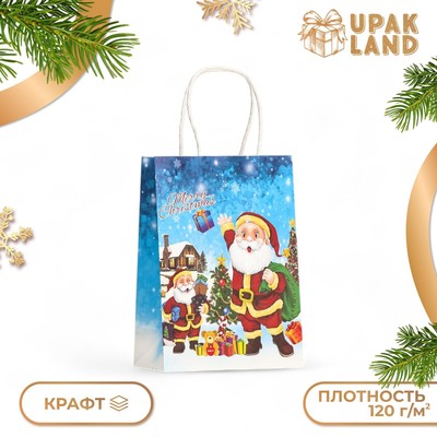 Пакет бумажный подарочный новогодний крафт "Дед Мороз" 120г/м 15 х 8 х 21 см. Новый год