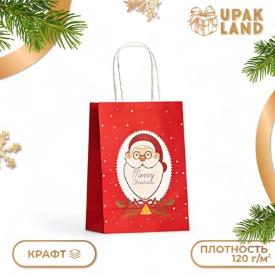 Пакет бумажный подарочный новогодний крафт «Санта» 120 г/м 15×8×21 см