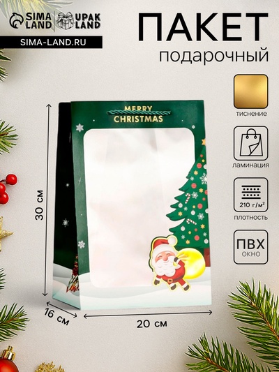 Пакет подарочный новогодний ламинированный, с окном «Новогодний», 20×30×16 см