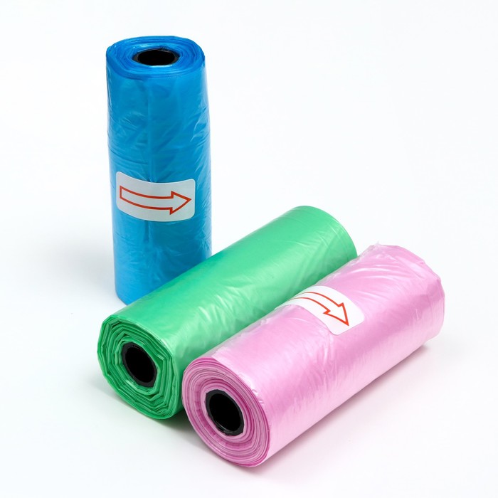 Пакеты для уборки за собаками однотонные (3 рулона по 15 пакетов 29×21 см), микс цветов - Фото 1