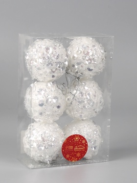 Ёлочные игрушки «Альваро», шары новогодние, d=7 см, набор 6 шт., пайетки, белый