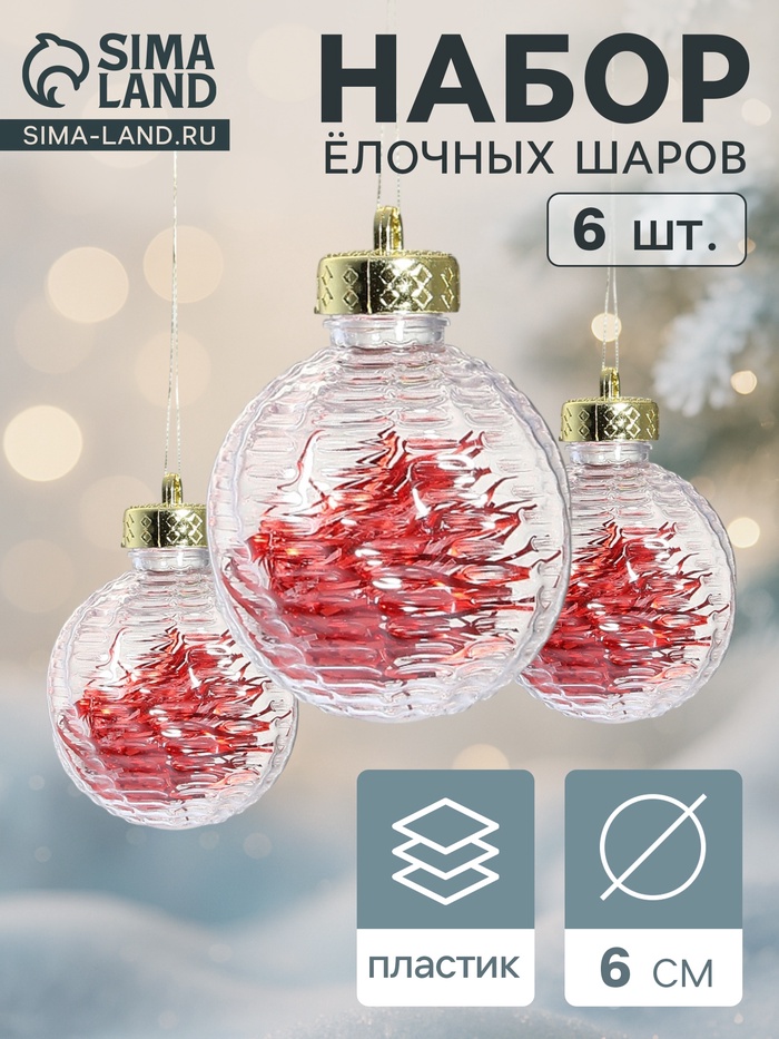 Ёлочные игрушки «Бринцзе», шары новогодние, d=6 см, набор 6 шт., красный/прозрачный - Фото 1
