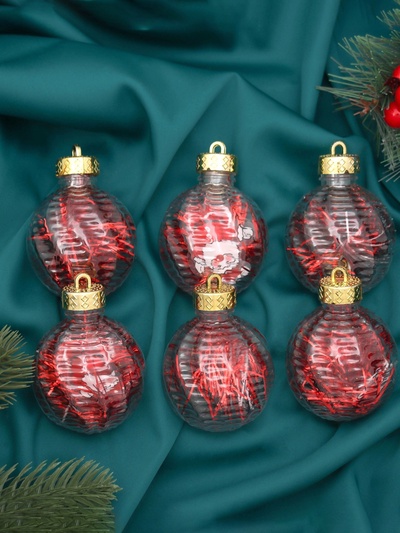 Ёлочные игрушки, шары новогодние , пластик, набор d-6 см, 6 шт "Бринцзе" красный прозрачный