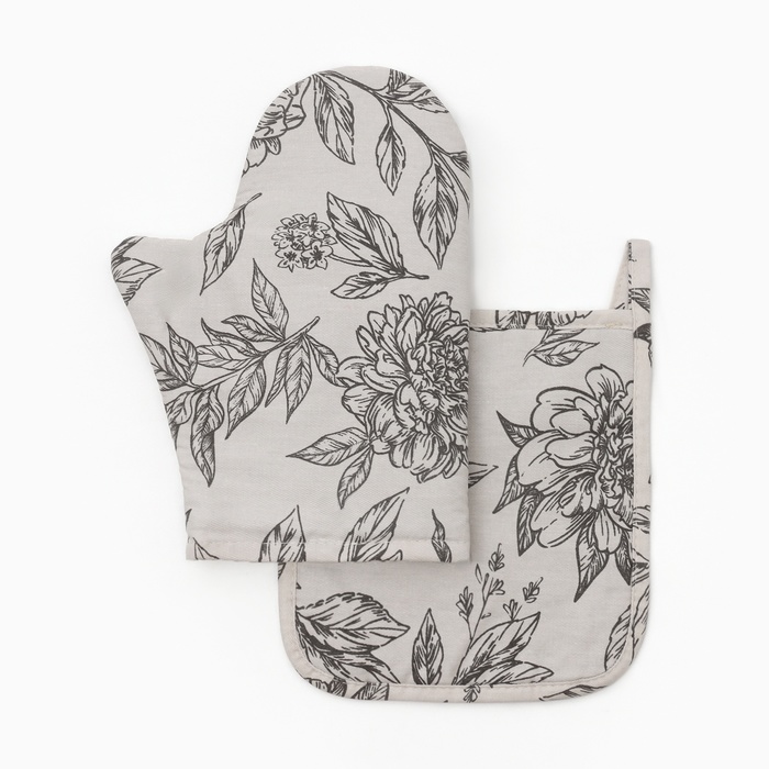 Набор кухонный «Этель» Black flowers: варежка-прихватка, прихватка, 100% хлопок, саржа 190 г/м² - Фото 1