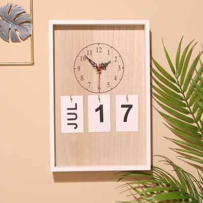Сувенир вечный календарь подвесной с часами, 2×20×30 см, дерево, белый