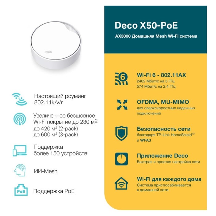 Бесшовный Mesh роутер TP-Link Deco X50-PoE(1-pack) AX3000 1000/2500BASE-T белый - фото 51627706