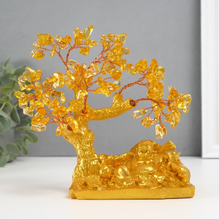 

Сувенир бонсай "Хотей с богатствами у денежного дерева" жёлтый 120 камней 13,8х6,2х16,5 см 1047139