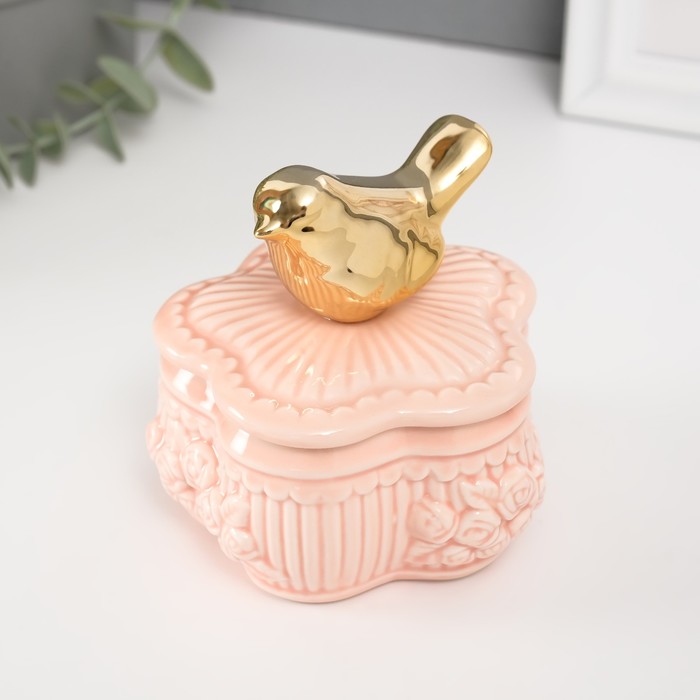 Шкатулка керамика "Птичка на цветке прованс" розовая 8,5х8,5х9,2 см - Фото 1