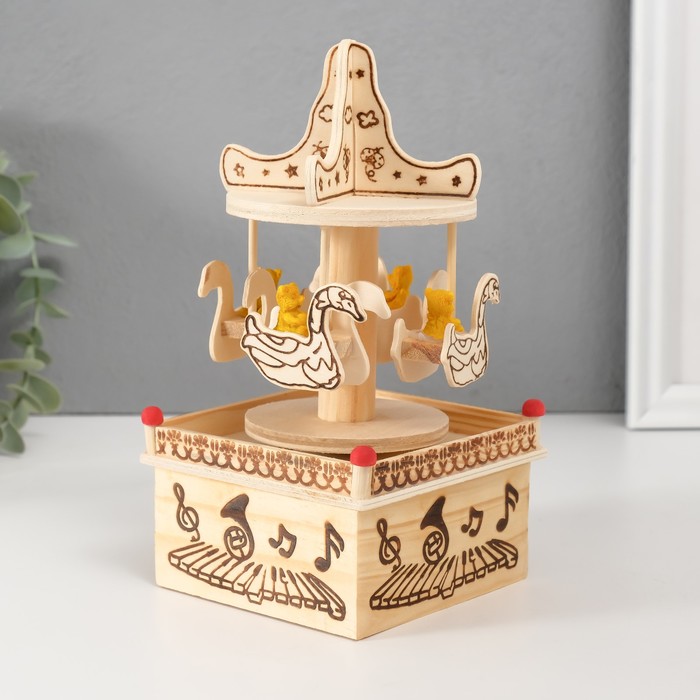 Сувенир музыкальный механический «Фигурка карусель: мишка на лебеде», дерево, 10×10×19 см