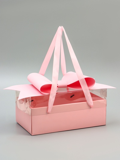 Коробка подарочная с бантом, ручками и прозрачной крышкой 35×21×15 см Розовая