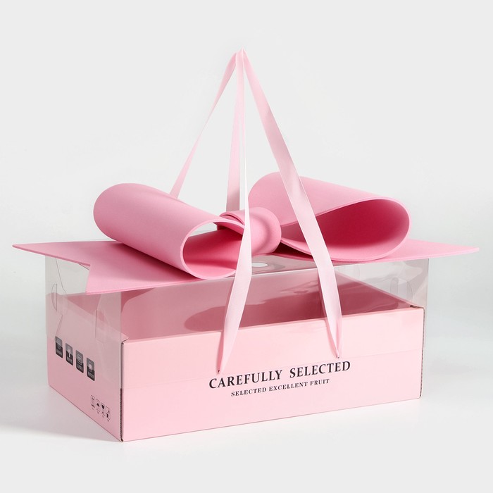 Коробка подарочная с бантом, ручками и прозрачной крышкой 35 х 21 х 15 см Розовая - Фото 1