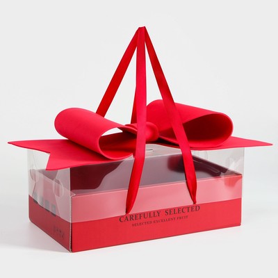 Коробка подарочная с бантом, ручками и прозрачной крышкой 35 х 21 х 15 см Красная