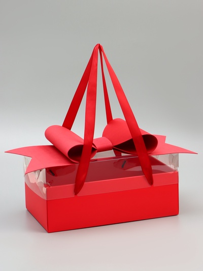 Коробка подарочная с бантом, ручками и прозрачной крышкой 35×21×15 см Красная