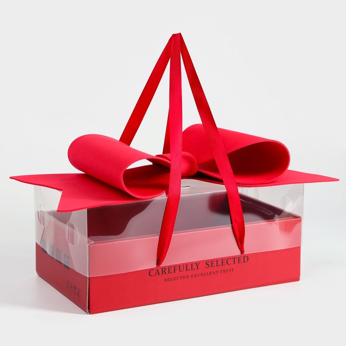 Коробка подарочная с бантом, ручками и прозрачной крышкой 35 х 21 х 15 см Красная - Фото 1
