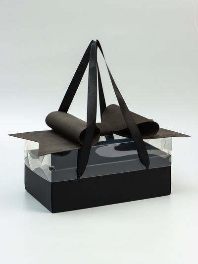 Коробка подарочная с бантом, ручками и прозрачной крышкой 35×21×15 см Черная