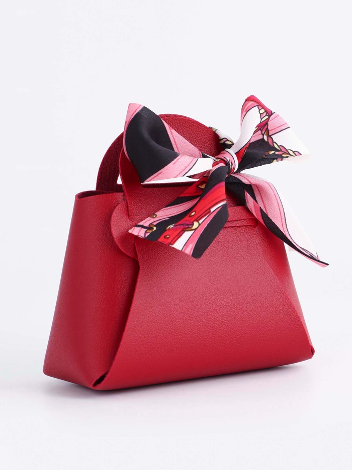Кожаная подарочная сумочка для бижутерии и сувениров, красная с бантом (лента), 13×12×5.5 см - Фото 1