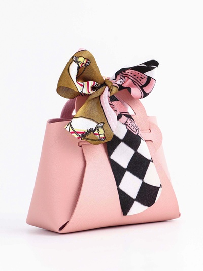 Кожаная подарочная сумочка для бижутерии и сувениров, розовая с бантом (лента), 13×12×5.5 см