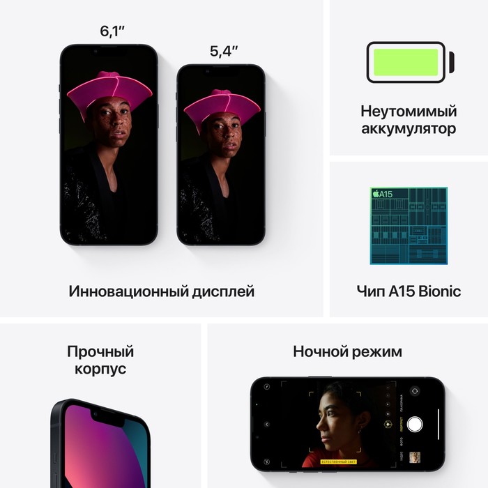 Смартфон Apple A2633 iPhone 13 128Gb 4Gb темная ночь моноблок 3G 4G 1Sim 6.1" 1170x2532 iOS 16 12Mpi - фото 51628256