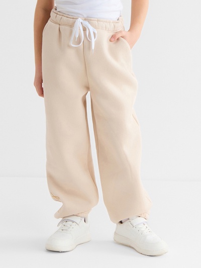 Брюки для девочки с начёсом MINAKU: Exclusive print, бежевые, Oversize рост 152 см