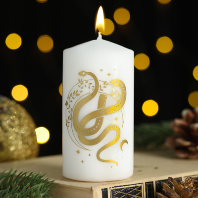 Свеча - цилиндр новогодняя "Символ года 2024", 5х10 см, белая с золотой змеёй