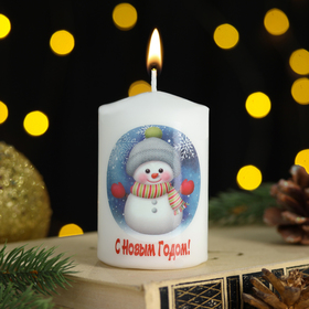 Свеча столбик  с рисунком "Новогодние мотивы" 50*80 мм, Снеговик