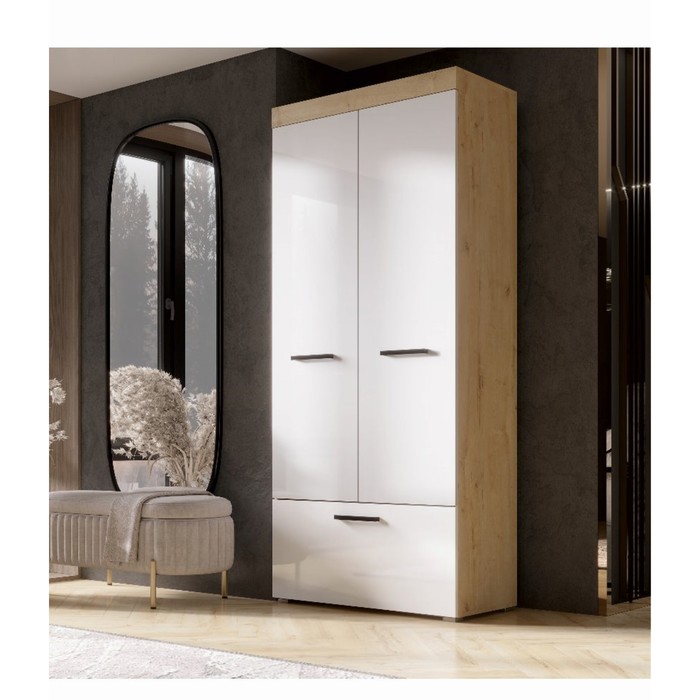 Шкаф прямой двухстворчатый «БАСТОН», 1 ящик, 902×400×2000 мм, цвет дуб вотан/белый глянец - Фото 1