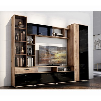Стенка в гостиную «КРОКУС», с шкафами, 2700×2100×470 мм, цвет дуб делано/чёрный глянец