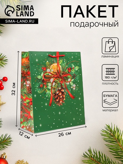 Пакет подарочный новогодний ламинированный «Шишка», 26×32×12 см