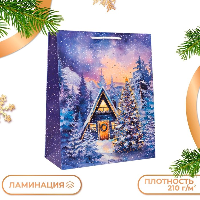 Пакет подарочный новогодний ламинированный «Изба в лесу», 26×32×12 см - Фото 1