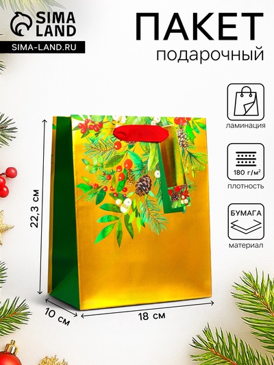 Пакет подарочный с тиснением, «Новогодний букет», люкс, 18×22.3×10 см