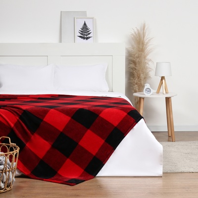 Плед «Этель. Клетка чёрно-красный», 150×200 см, корал-флис 220 г/м²