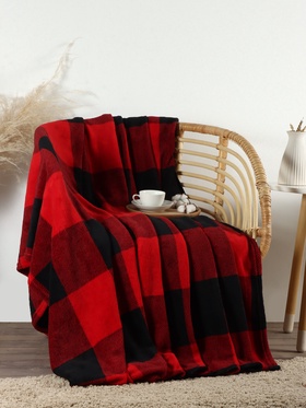 Плед «Этель. Клетка чёрно-красный», 200×220 см, корал-флис 220 г/м²