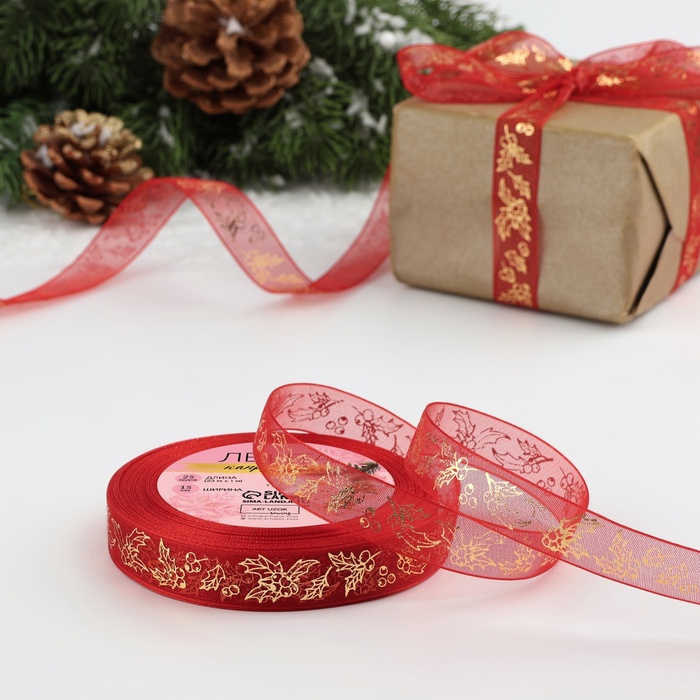 Лента капроновая с тиснением «Омела», 15 мм, 23±1 м, красная - Фото 1